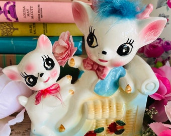 Vintage Kitsch Pair of  Big Eyed Deers Fawns on sleigh Ceramic Piggy Bank Figurines  -  Mid Century VERY RARE