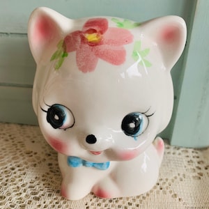 Vintage Japan kitsch keramiek roze bloemen groot hoofd kat kat bankbeeldje - midden van de eeuw