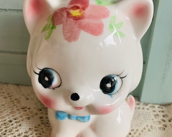 Vintage Japan Kitsch Ceramic Pink floral big head eye kitty cat Bank figurine - Mid Century