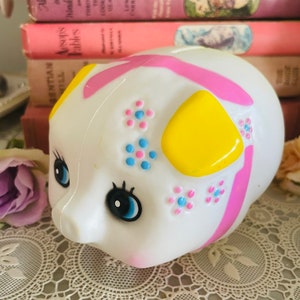Vintage Kitsch Plastic blow mold Yellow Pink Floral Pig Piggy Bank - rare and cute !