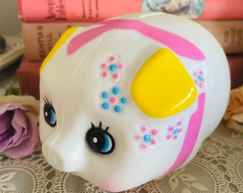 Vintage Kitsch Plastic blow mold Yellow Pink Floral Pig Piggy Bank - rare and cute !