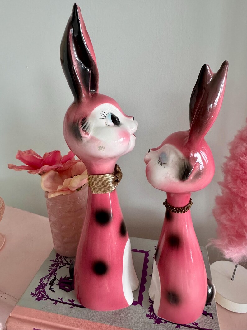 Kitsch Shiny Rabbit Vintage Kitsch RARE Ceramic Large Pair Polka Dot Big Eyed Spring Bunny ...
