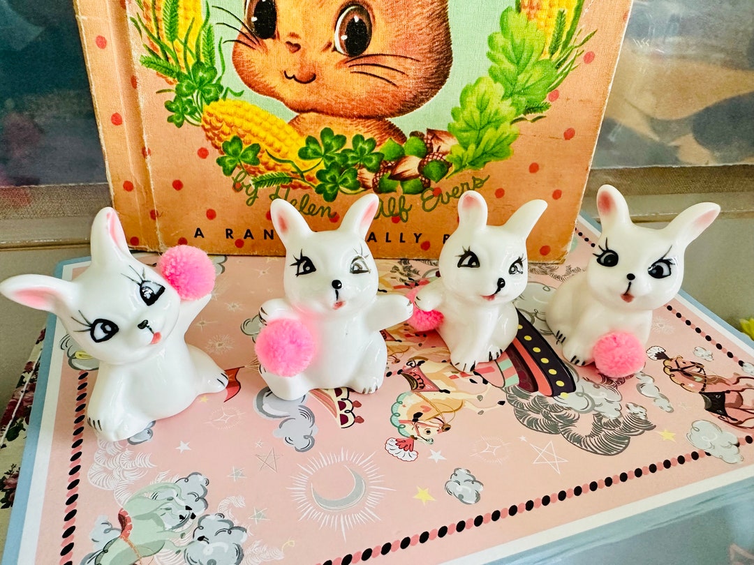 Kitsch Shiny Rabbit Vintage Set of 4 Kitsch Easter Bunny Rabbit With Pom Pom Figurines - Etsy