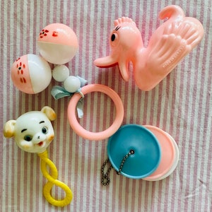 Vintage Group of Plastic Celluloid Puppy Dog Duck Baby rattle toys - made in Hong Kong