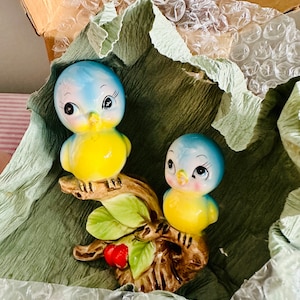 Vintage Norcrest Japan Ceramic  Bluebird blue birds on cherry branch figurine ORIGINAL BOX   - Mid Century Kitsch