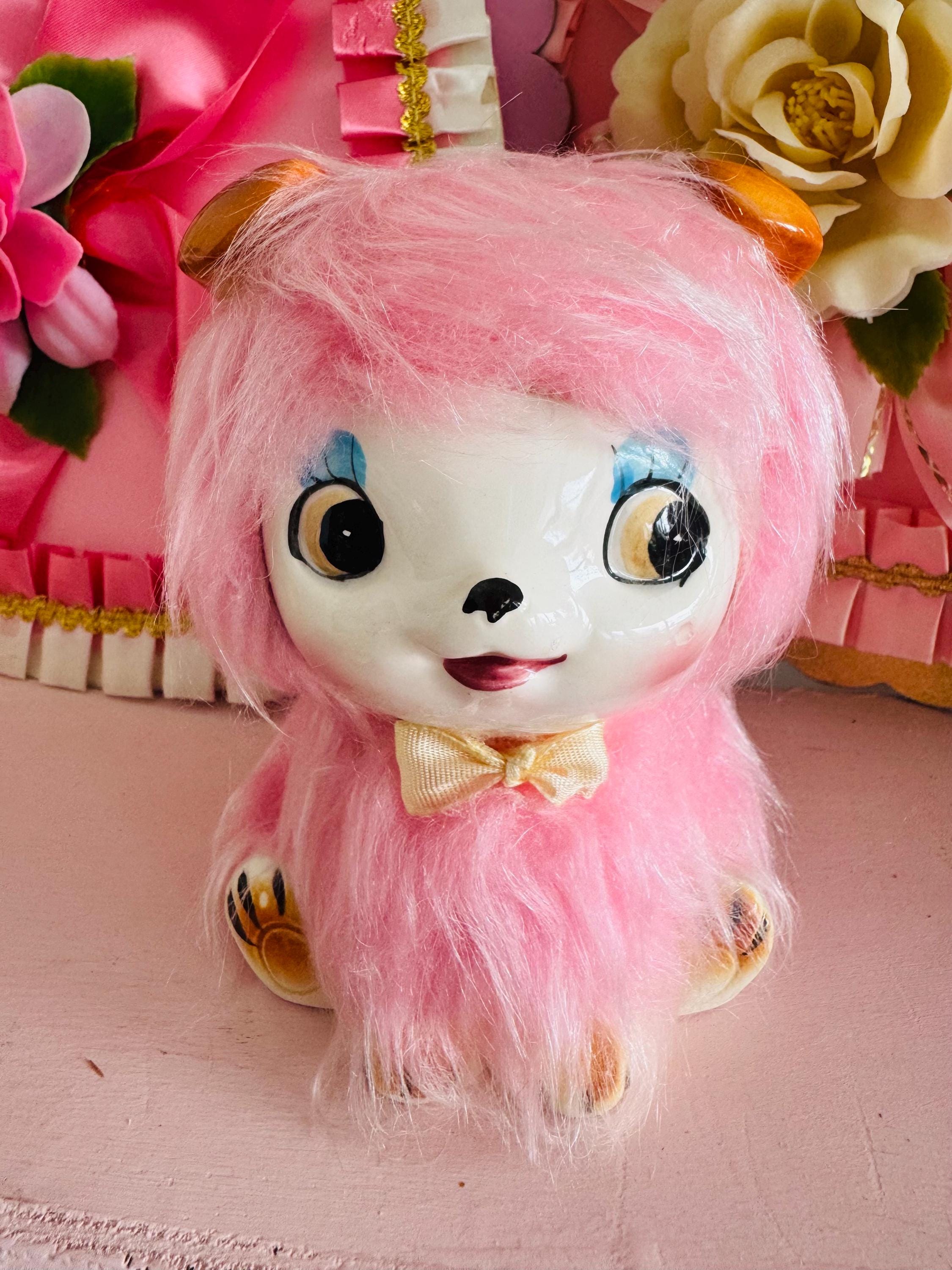 Vintage Japan Pink Big Eye Furry Fur Puppy Dog Ceramic Bank