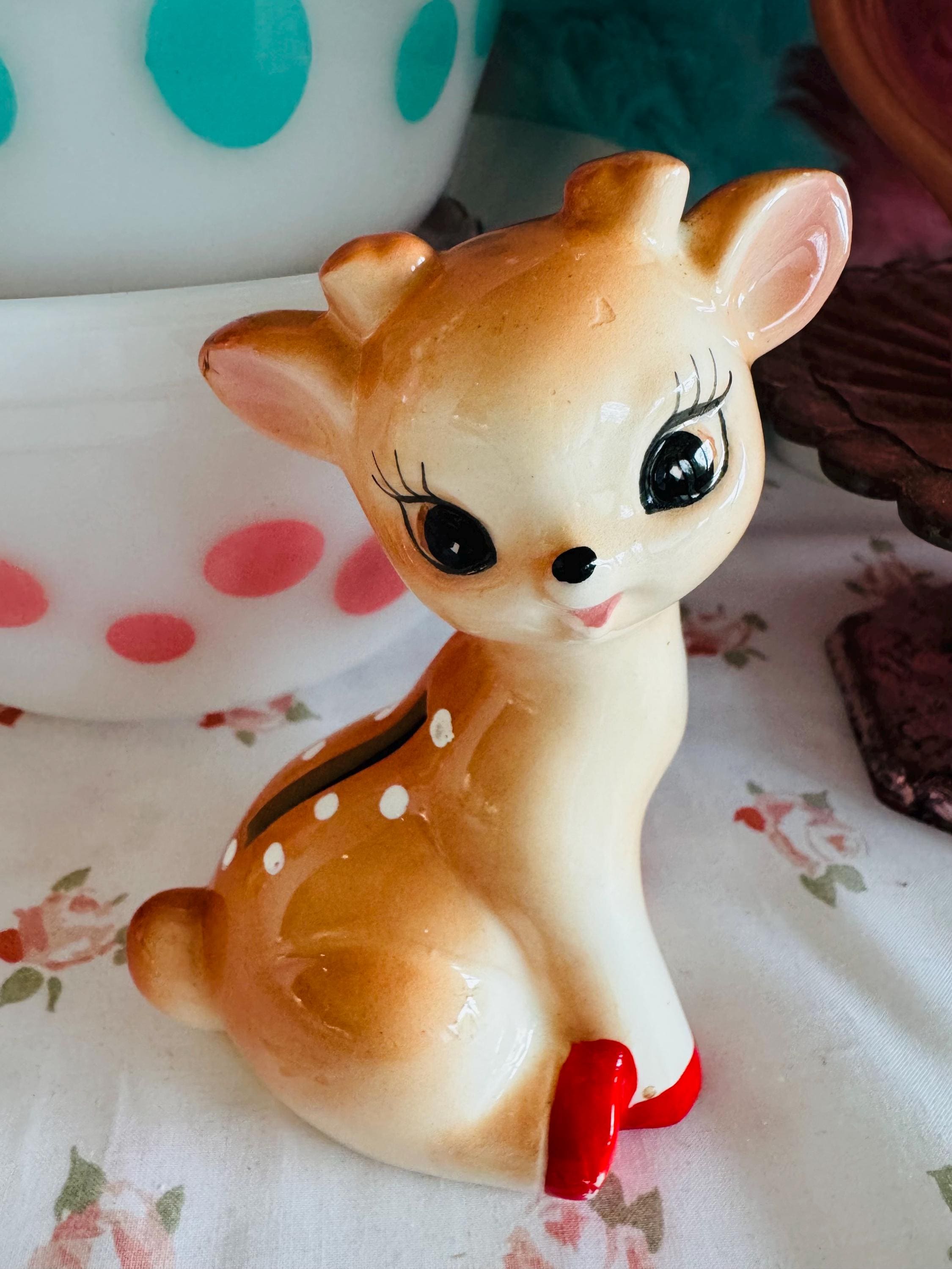 ヴィンテージ キッチュ 希少 陶器製 バンビの赤ちゃん 鹿の子 貯金箱