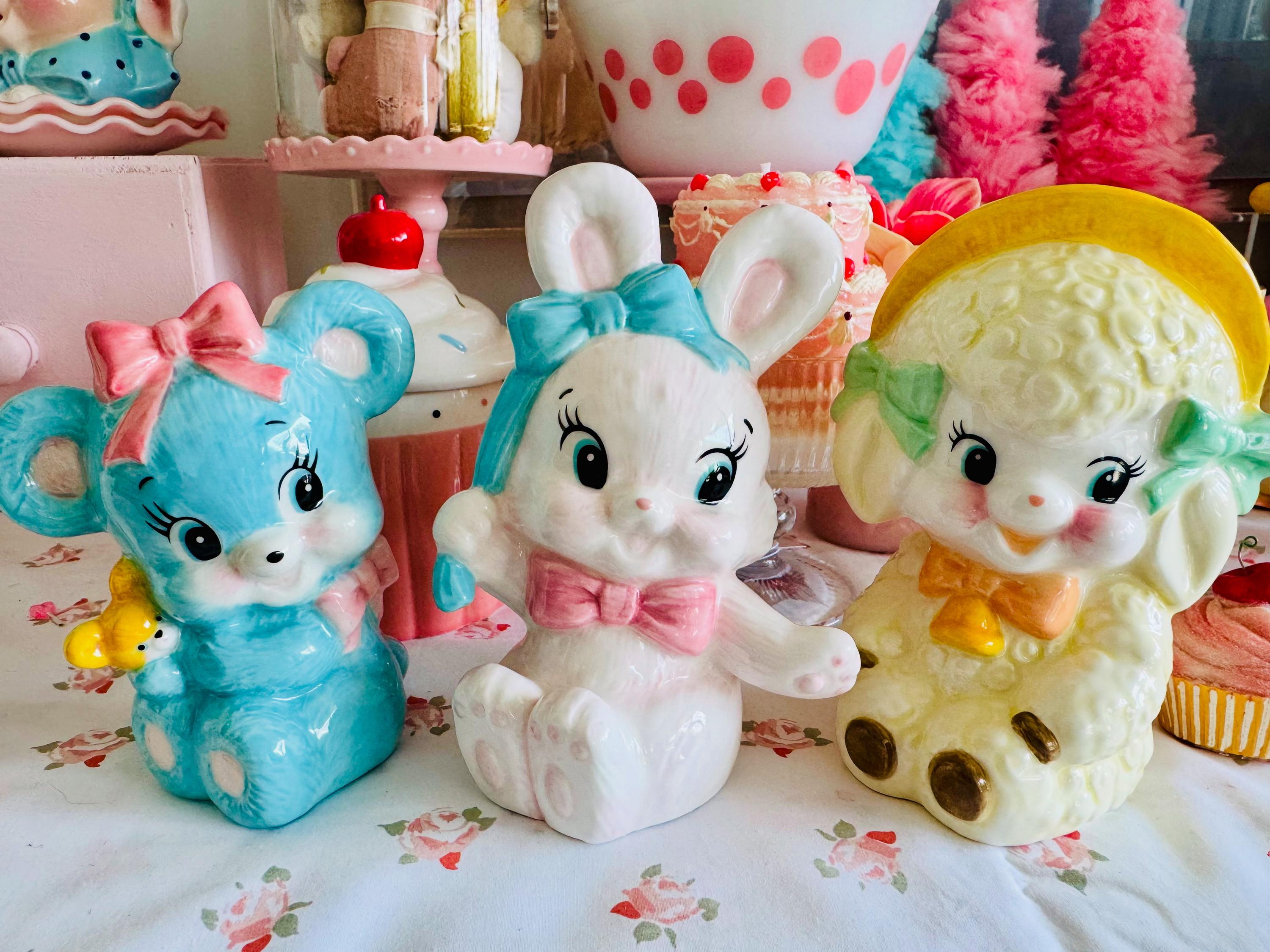 Japan Swimmer Meyercord Kitsch Teddy Bunny Lamb Piggy Bank Set of