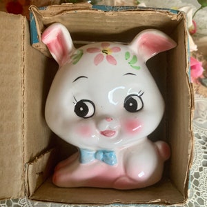 Vintage Kitsch Japan Ceramic  Floral Bunny Rabbit Bank Figurine with original box -  Mid Century Japan