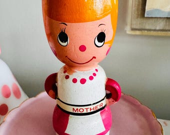 Vintage Kitsch Style Mother in Pink Dress Wooden Eggcup - Taiwan RARE