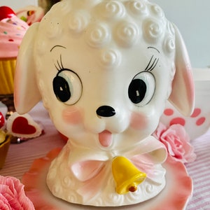 Vintage Inarco Pink Baby Lamb Sheep Head Nursery Ceramic Planter Vase - Mid Century Japan Kitsch rare