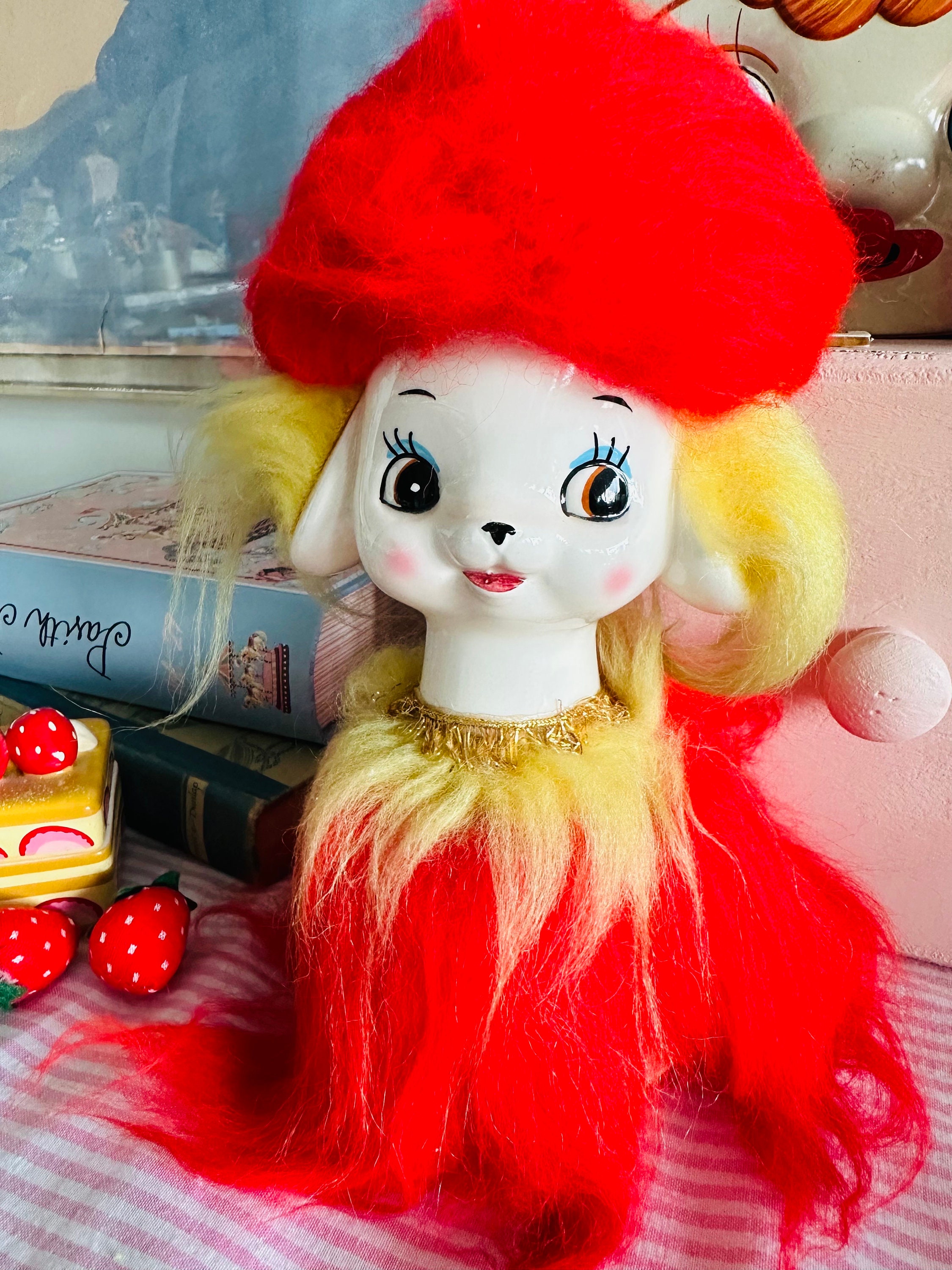 Vintage Japan Cotton Candy Large Furry Fur Puppy Dog Ceramic