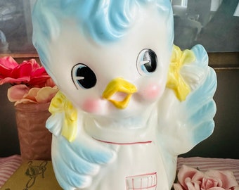 Vintage Relpo Japan Ceramic Bluebird Blue Bird  Girl with Pigtails Baby Planter Vase  - RARE Kitsch