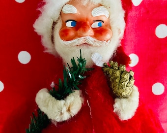 Vintage Christmas Santa Clause German Candy Container flocked Plush Plastic figurine storage box -