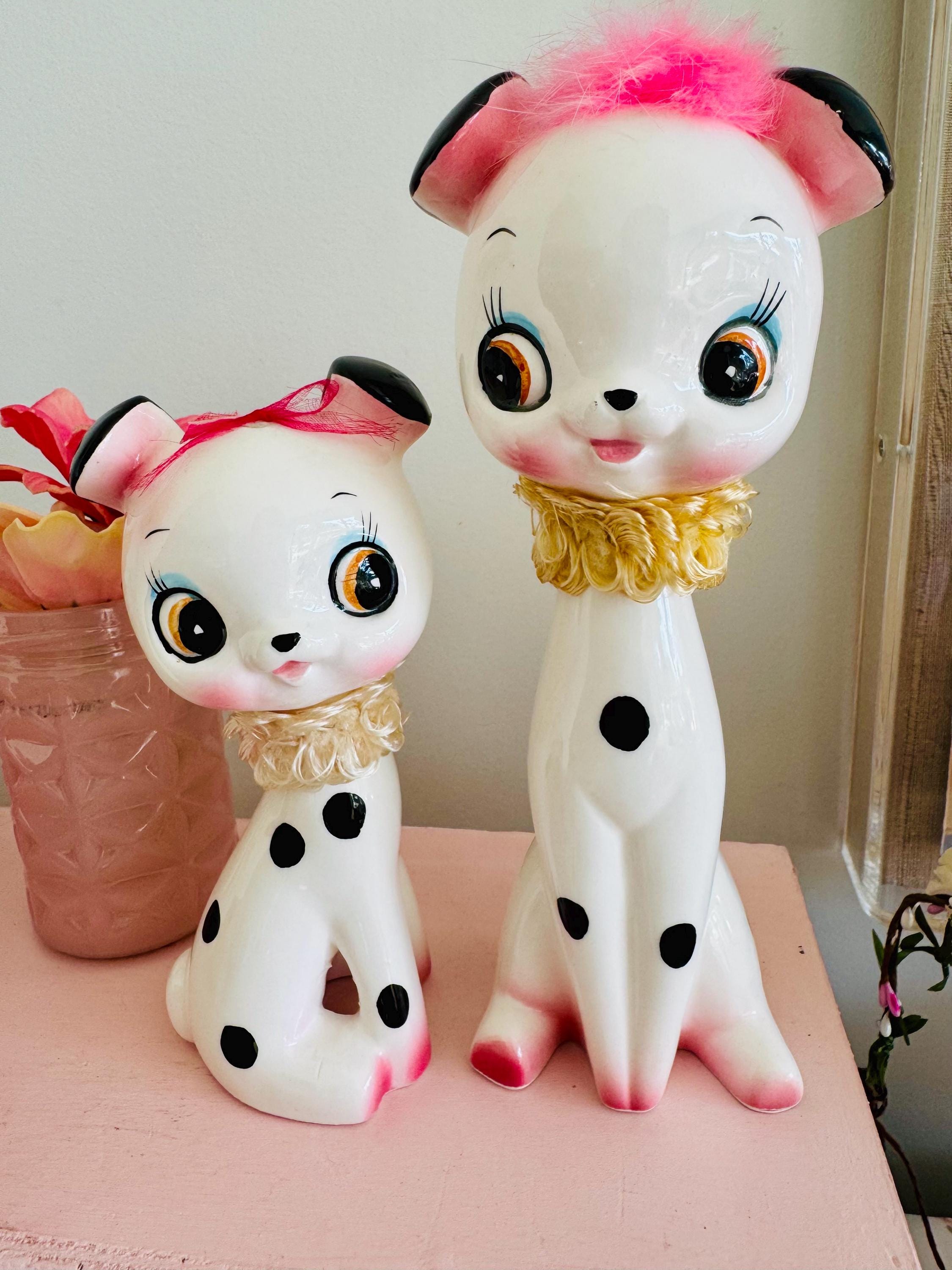 昭和レトロ キッチュ 水玉模様 子犬 置物 セット ミッドセンチュリー 陶器製 ヴィンテージ キッチュ 日本製 陶器製 大型 水玉模様 子犬 置物 セット