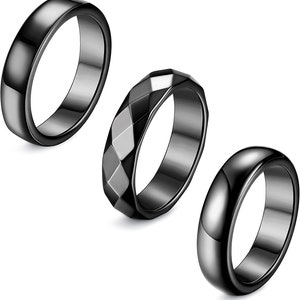 Hematite Rings in gift Box, 3 Styles - faceted, squared flat, and rounded edge  quarter sizes 6-13 for a more accurate fit.