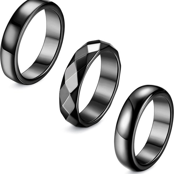 Hematite Rings in gift Box, 3 Styles - faceted, squared, and rounded edge.  Now Available in quarter sizes 6-13 for a more accurate fit.