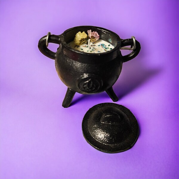 Mini Iron Cauldron Triquetra Gift Candle Made to Order 28 Scent Customizable 3.5" Intuitively decorated