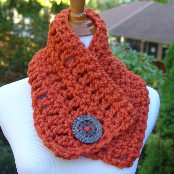 READY TO SHIP: Chunky Crochet Short Cowl Scarf with Big Wood Button - Wool Blend Scarf for Women in Pumpkin Orange
