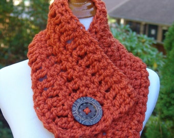 READY TO SHIP: Chunky Crochet Short Cowl Scarf with Big Wood Button - Wool Blend Scarf for Women in Pumpkin Orange