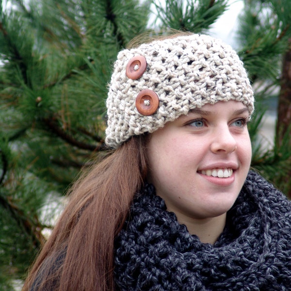 Knitted Ear Warmer Headband with Wood Buttons- Handmade Wool Blend Chunky Cozy in Oatmeal