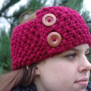 Knit Earwarmer Headband with Wood Buttons Handmade Wool Blend Chunky Cozy in Cranberry Red Cranberry Red