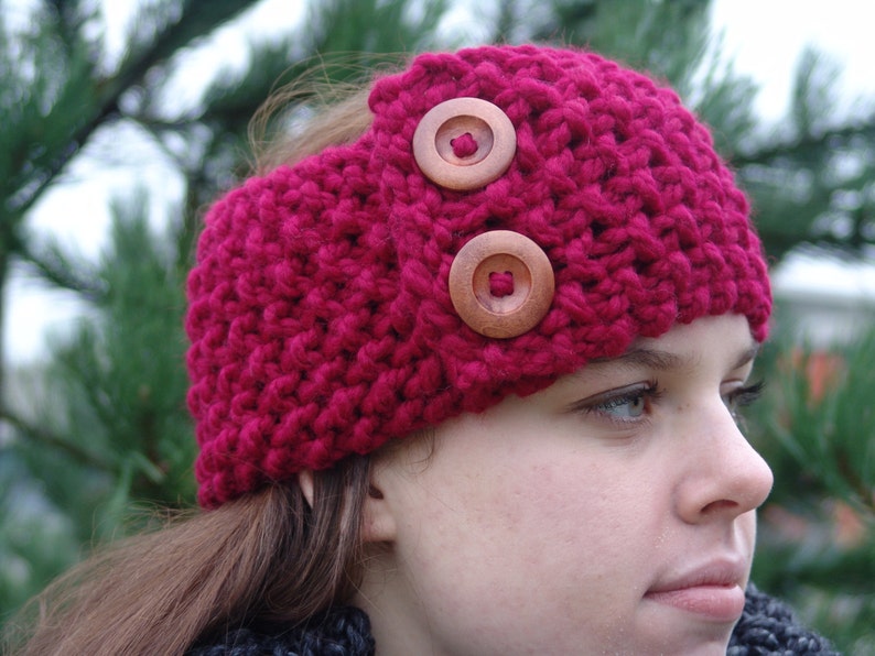 Knit Earwarmer Headband with Wood Buttons Handmade Wool Blend Chunky Cozy in Cranberry Red Cranberry Red