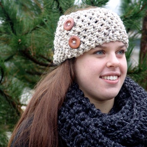 Knit Earwarmer Headband with Wood Buttons Handmade Wool Blend Chunky Cozy in Cranberry Red Oatmeal