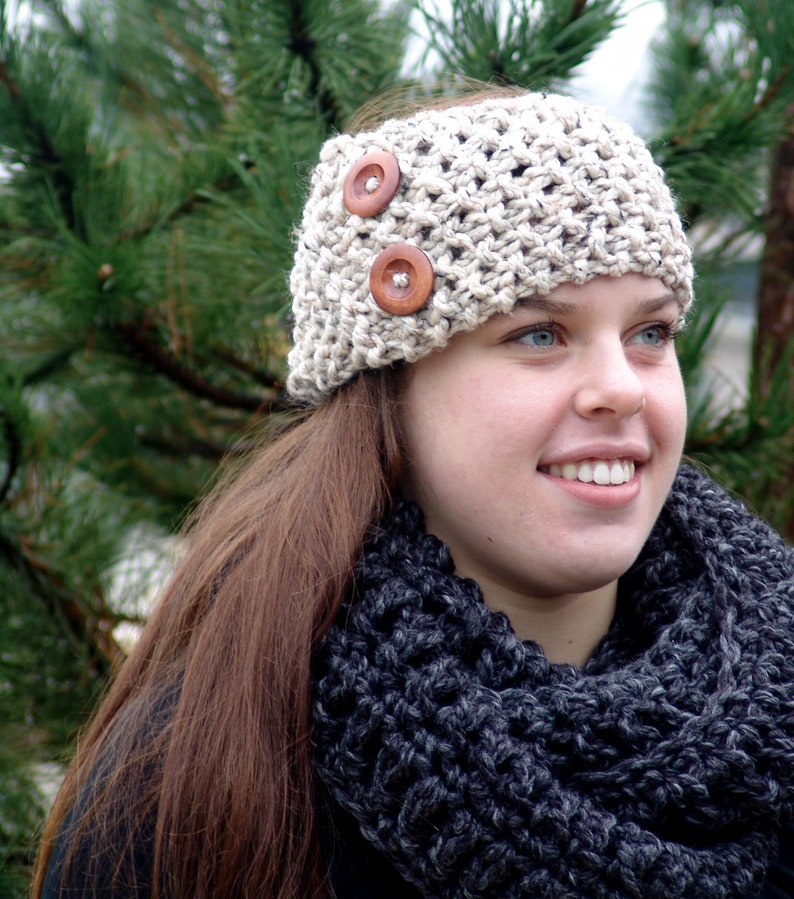 Knit Earwarmer Headband with Wood Buttons Handmade Wool Blend Chunky Cozy in Cranberry Red Oatmeal