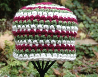 Handmade Holiday Crochet Chunky Beanie Hat in Red, Green and White