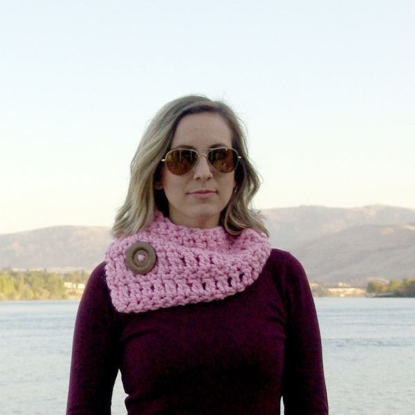 Chunky Crochet Short Cowl Scarf with Big Wood Button - Wool Blend Scarf in Pink
