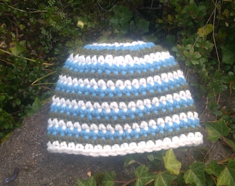 Handmade Crochet Striped Chunky Wool Blend Beanie Hat in Sky Blue, Green and White