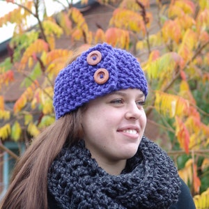 Knit Earwarmer Headband with Wood Buttons Handmade Wool Blend Chunky Cozy in Cranberry Red Cobalt