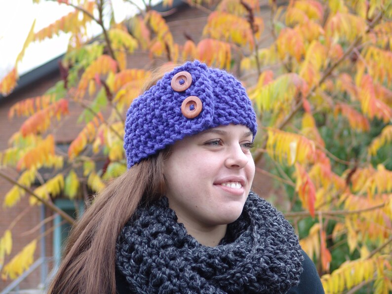 Knit Earwarmer Headband with Wood Buttons Handmade Wool Blend Chunky Cozy in Cranberry Red Cobalt