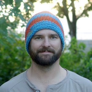 Mens Striped Beanie Hat - Blue and Orange - Handmade Wool Blend Beanie