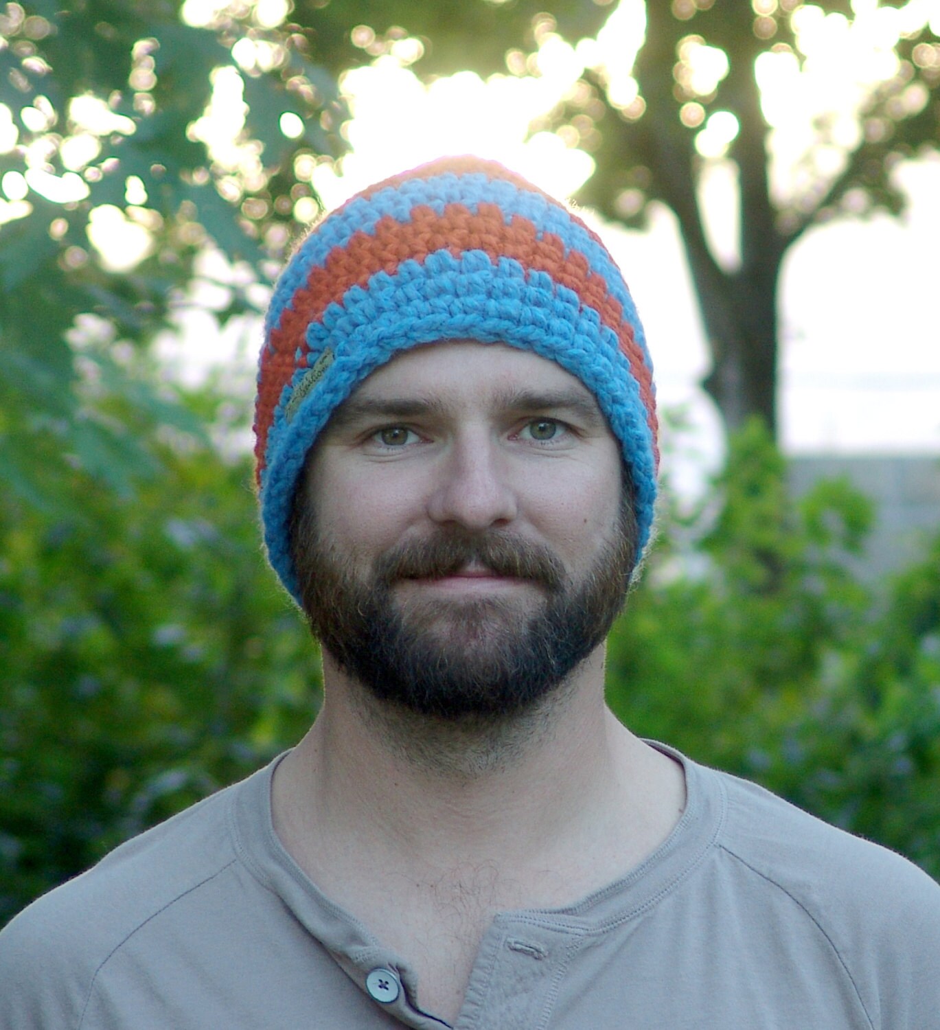 Mens Striped Beanie Hat Blue and Orange 