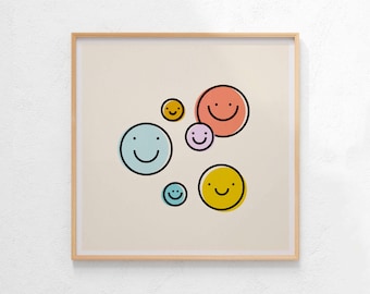 Cute Happy Faces - Colorful - Square - Art Print