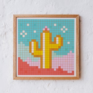 Vibrant Cactus Pixel Art Illustration Arch Square Art Print image 1