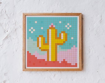 Vibrant Cactus Pixel Art - Illustration - Arch - Square - Art Print