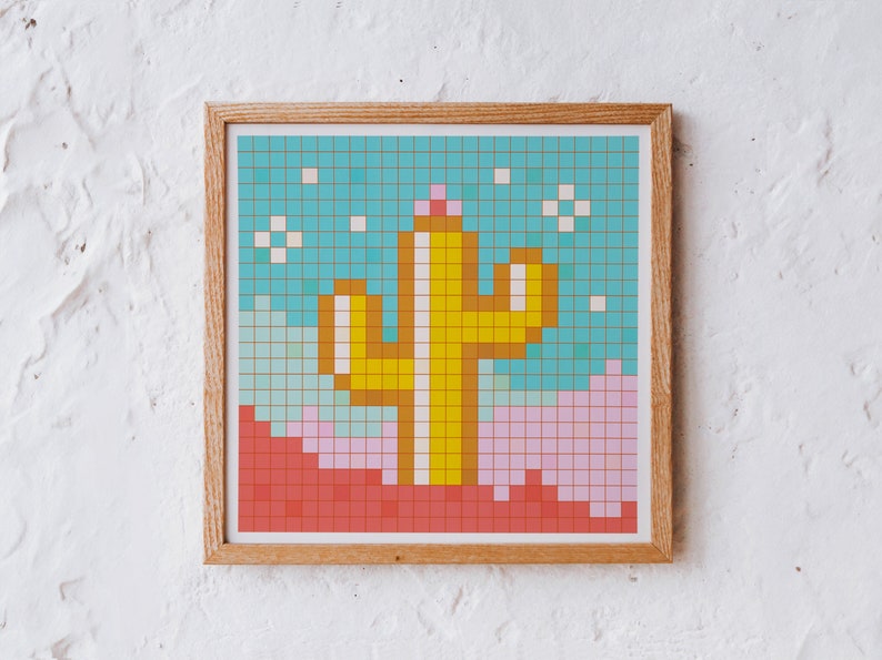 Vibrant Cactus Pixel Art Illustration Arch Square Art Print image 1