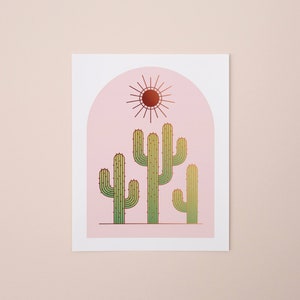 Cactus and Sun Arch Minimalist Contemporary Saguaro 8x10 Art Print Pink