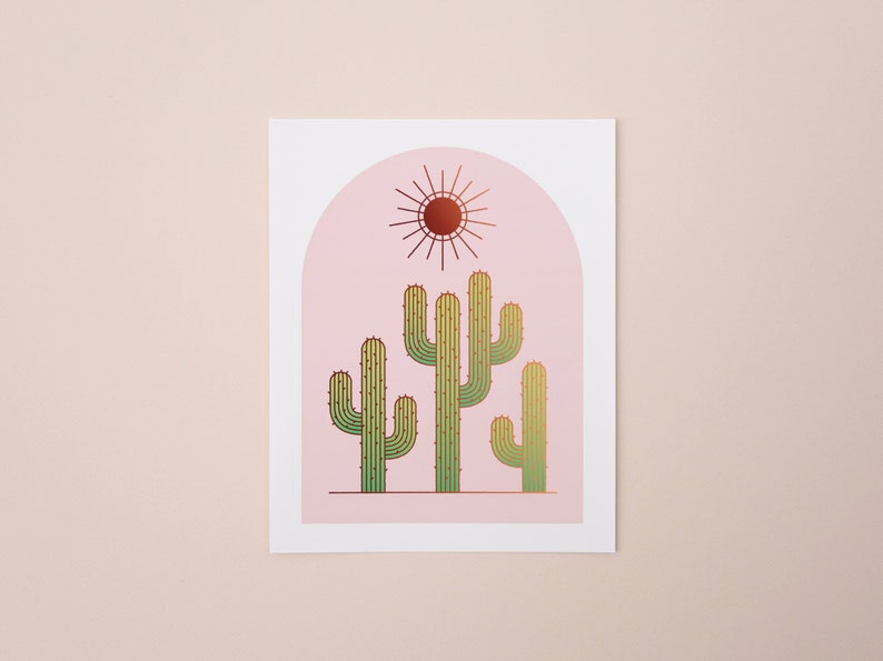 Cactus and Sun Arch Minimalist Contemporary Saguaro 8x10 Art Print Pink