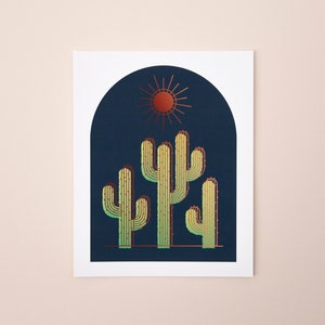 Cactus and Sun Arch Minimalist Contemporary Saguaro 8x10 Art Print Blue