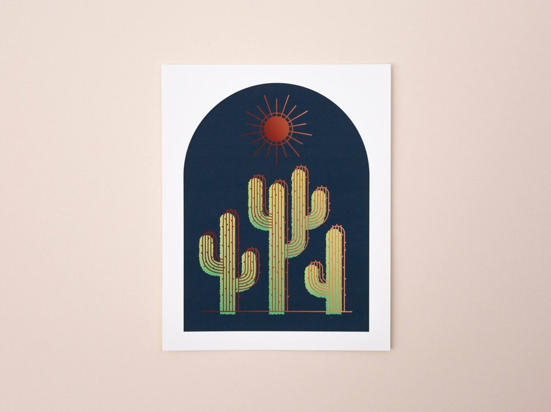 Cactus and Sun Arch Minimalist Contemporary Saguaro 8x10 Art Print Blue