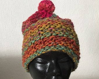 Bonnet femme fille pure laine à pompon multicolore