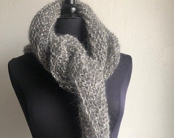 Chale / mohair scarf and grey silk, silver and gold threads, pure wool