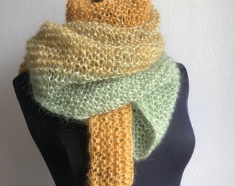 Shawl / scarf mohair and silk china green and mustard gold silver thread pure wool