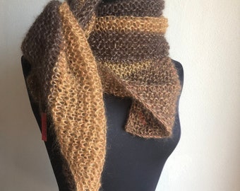 Chale / écharpe mohair et soie chine marron et caramel fil lurex or et rouge pure laine