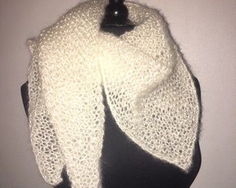 Women's scarf shawl mohair and ecru silk and pure wool silver