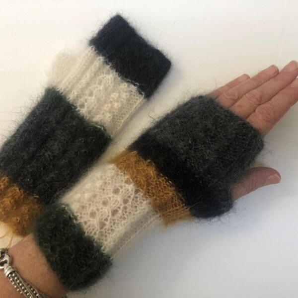 Women's mohair mittens and pure silk assymetric striped wool